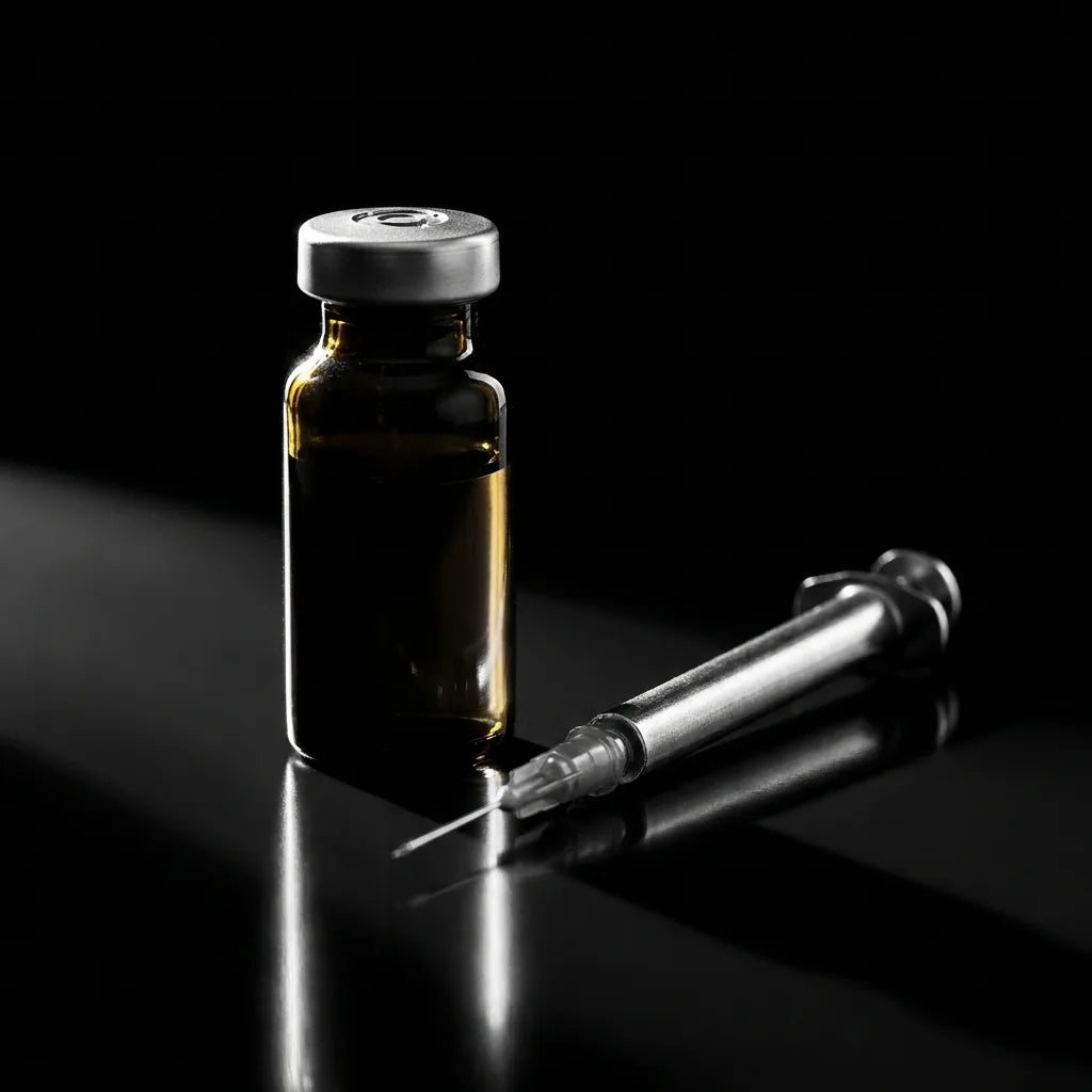 Amber apothecary vial and stainless syringe, peptides longevity