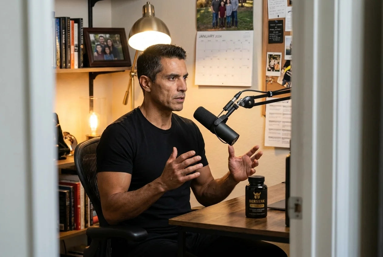 Marcus en un micrófono de podcast con el frasco de EstroBlock en el escritorio