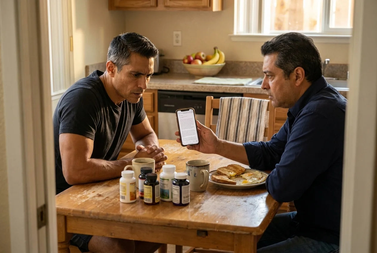 Marcus frente al endocrinólogo en una mesa de cocina, el médico mostrando su teléfono