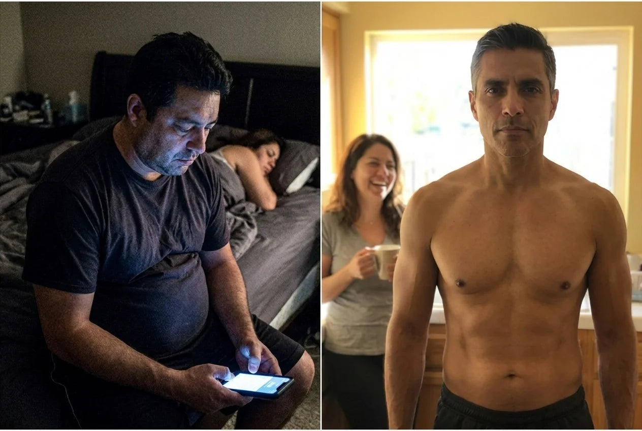 Lado izquierdo, hombre cuarentón sentado en la orilla de la cama a las 3 a.m. con la pantalla del celular iluminada; lado derecho, mismo hombre sin camisa, parado, en una cocina con luz de mañana, esposa atrás riéndose
