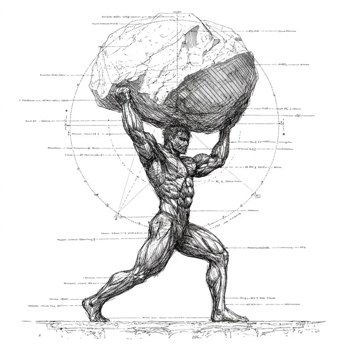 Grabado de un hombre cargando una piedra sobre la cabeza en la pose de Atlas.