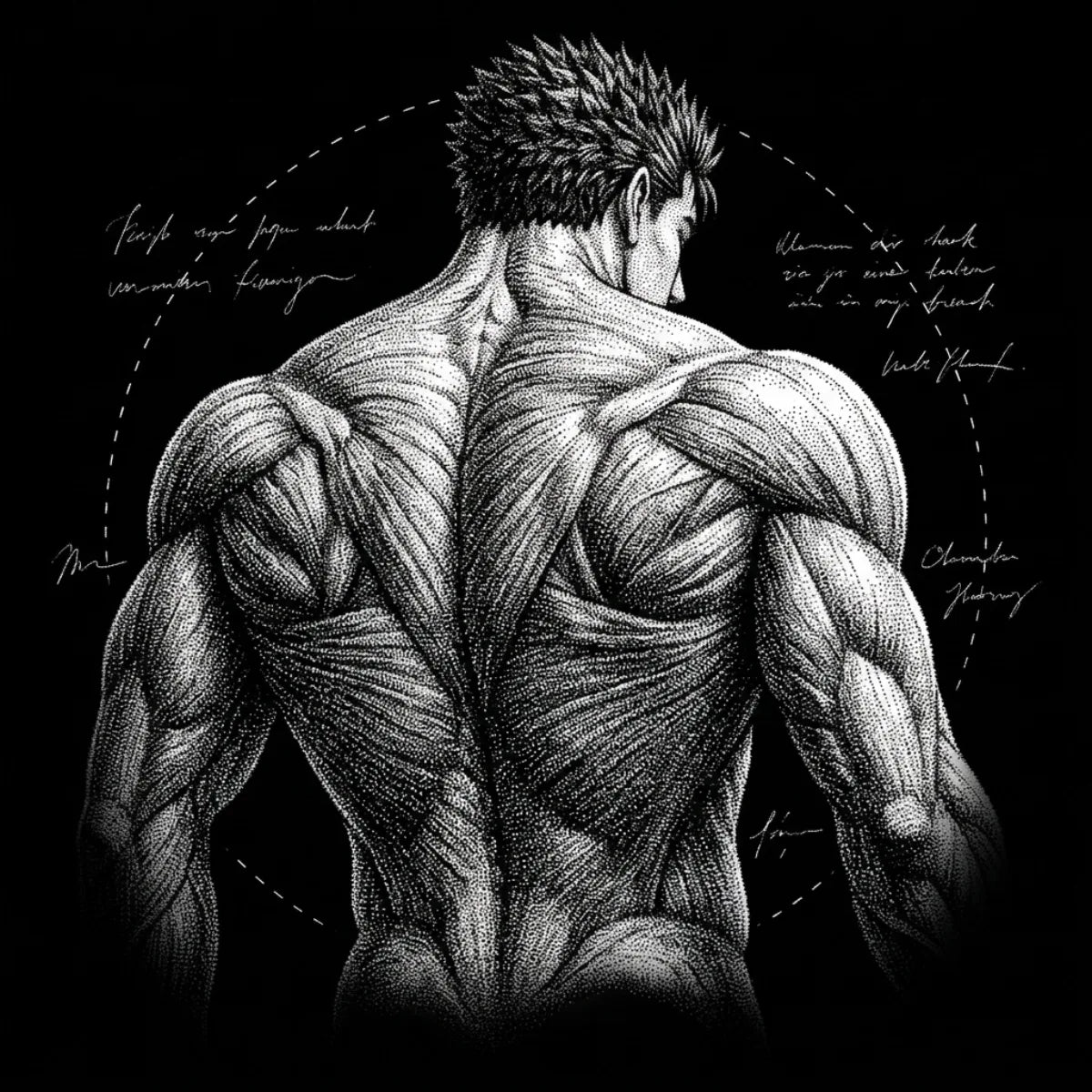 Estudio puntillista de una espalda musculosa con cicatrices sobre fondo negro, al estilo del personaje Guts.
