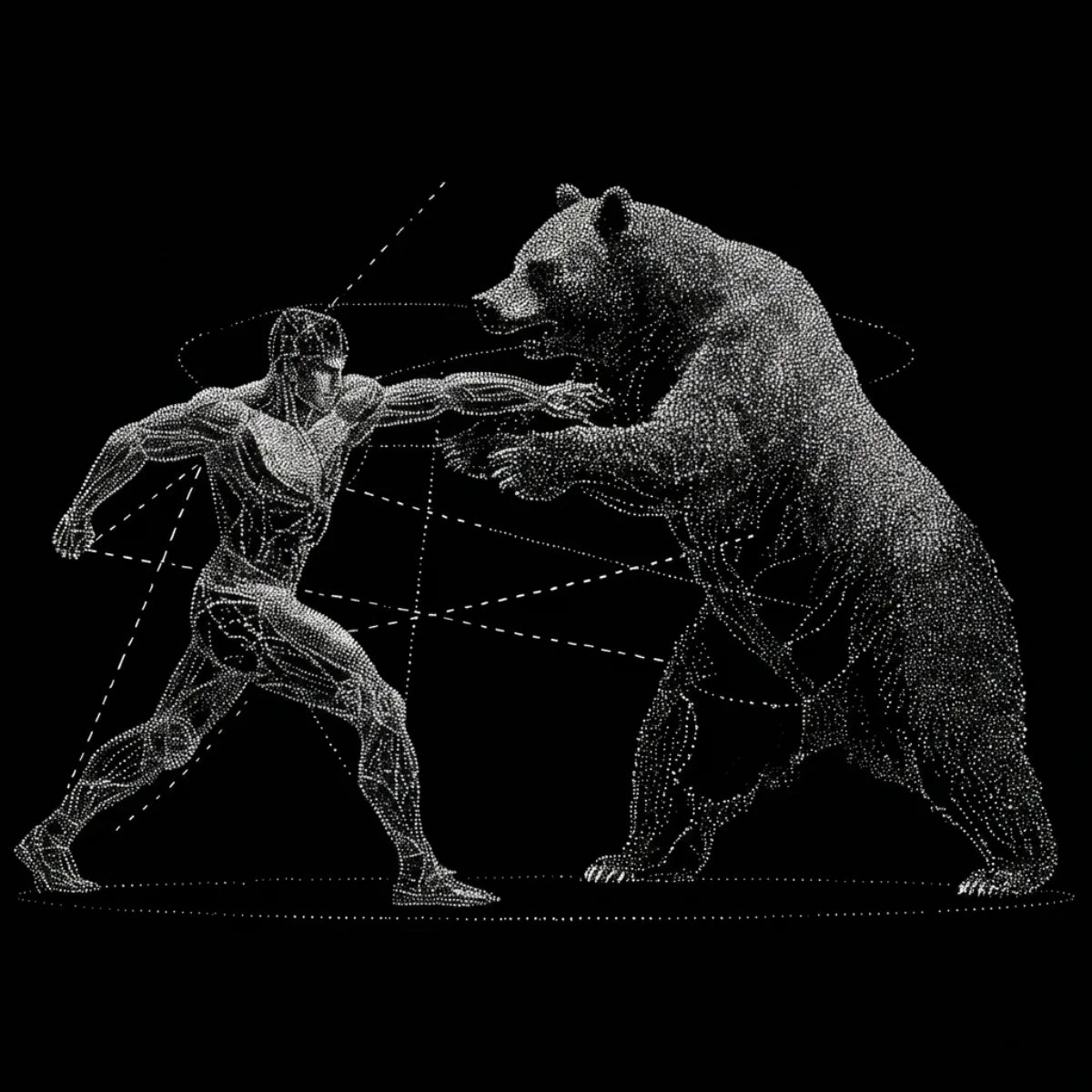 Grabado puntillista de un hombre peleando con un oso sobre fondo negro.