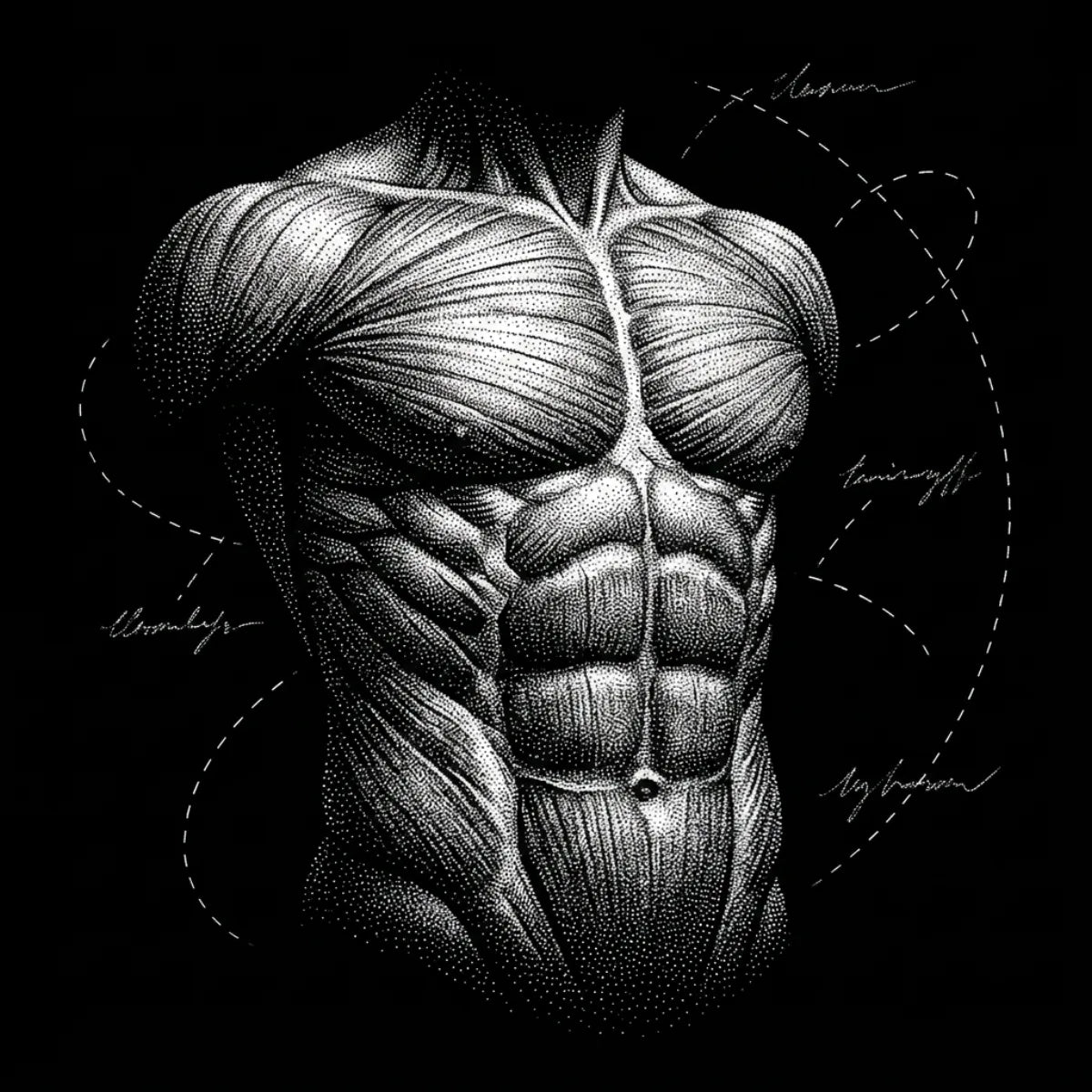 Grabado puntillista de un abdomen marcado sobre fondo negro.