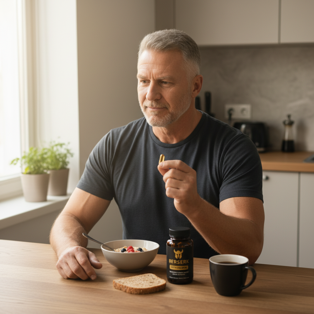 Hombre tomando una cápsula de EstroBlock con su desayuno en la cocina.