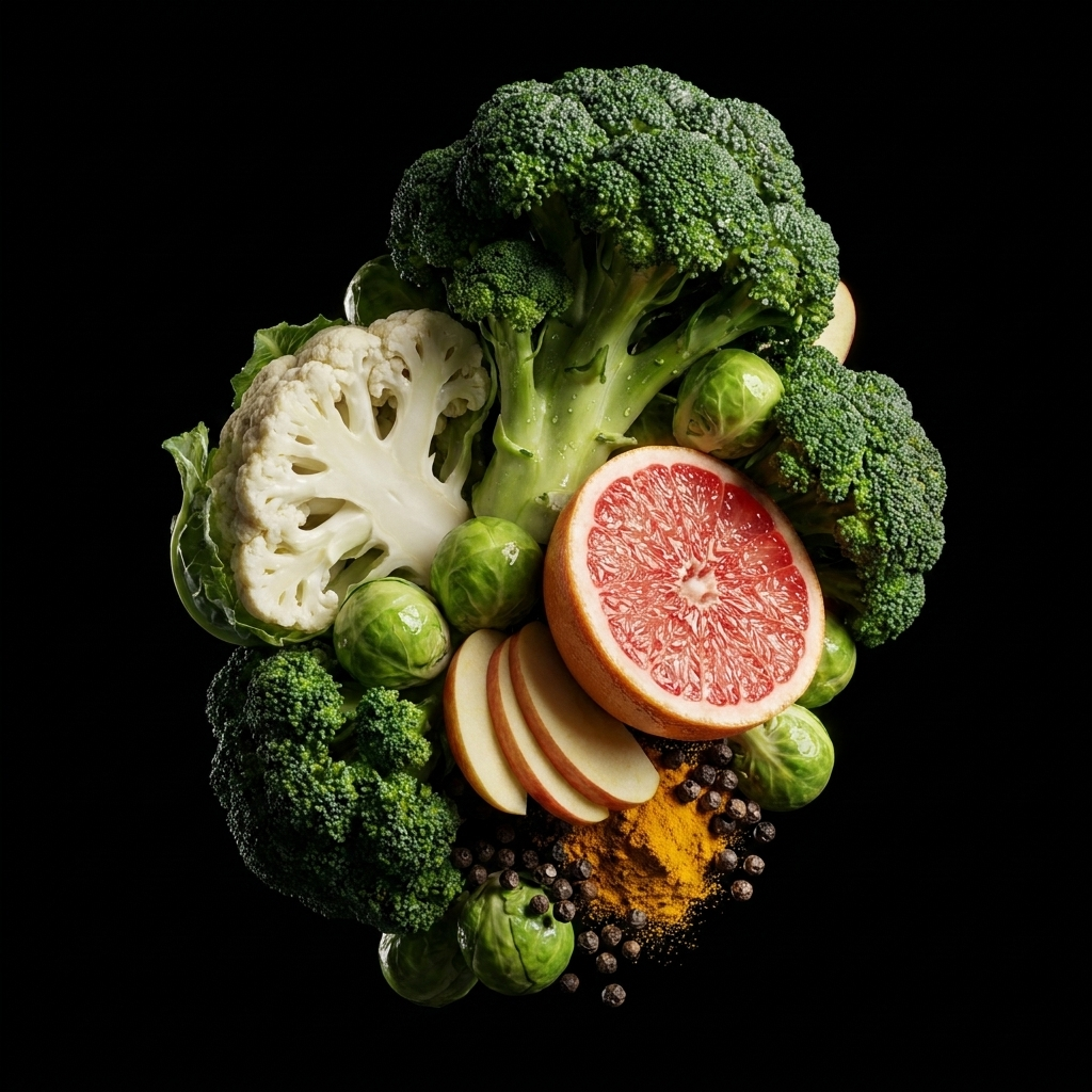 Composición de los 4 activos de EstroBlock: brócoli, coliflor, coles de Bruselas, toronja, manzana, pimienta negra y polvo dorado, sobre fondo negro.