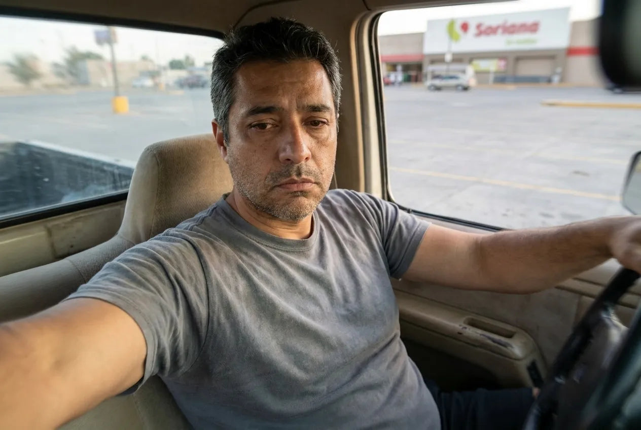 Marcus en el asiento del conductor manejando de regreso a la Ciudad de México