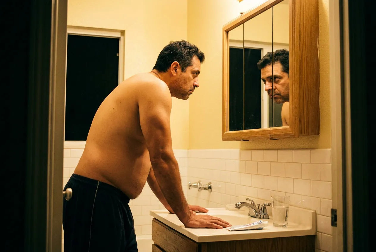 Marcus parado frente al espejo del baño con las manos en el lavabo