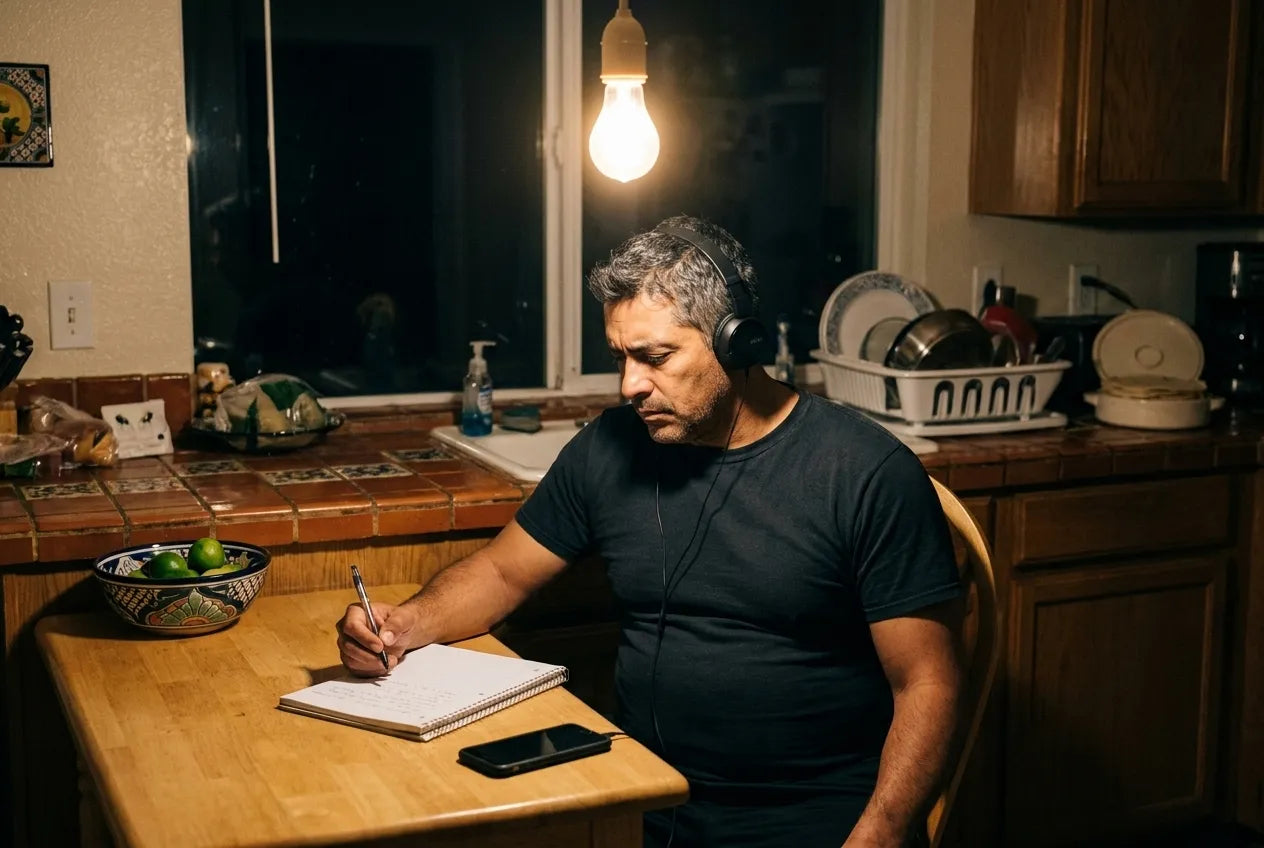 Marcus en la cocina escuchando un podcast sobre estrógeno